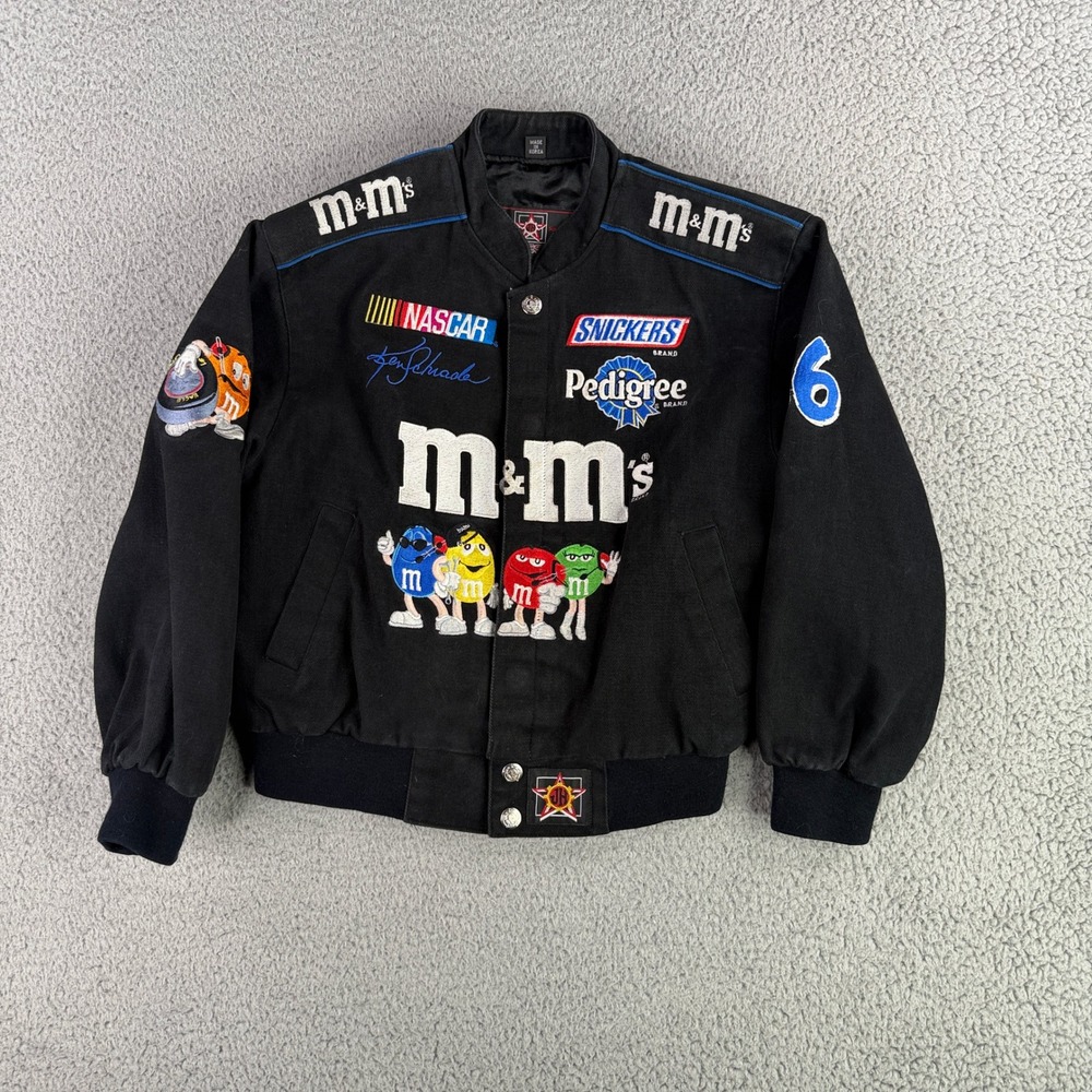 JH Design NASCAR Racing Jacket Kids L Black M&Ms Ken Schrader 36 Snickers Patch